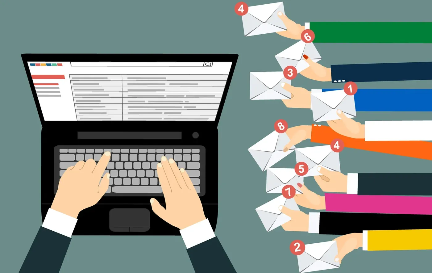 Illustration of hands typing on a laptop while many hands push envelopes with notification counts towards it