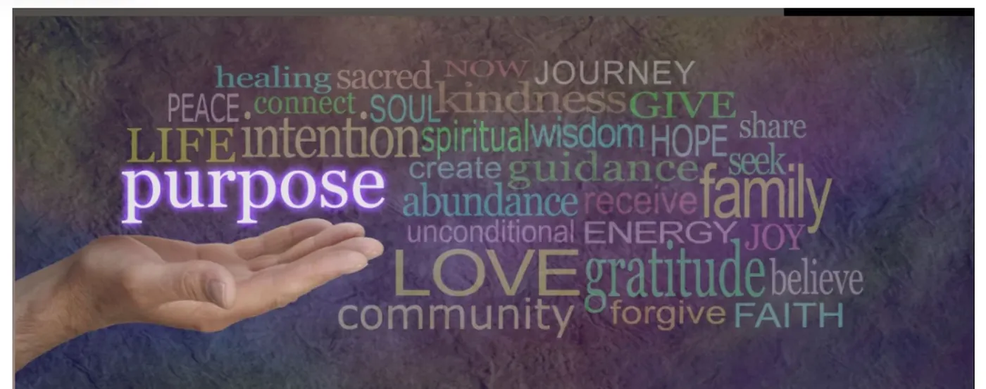 Word cloud with 'purpose', 'love', 'journey', 'gratitude' and 'family' above an open hand