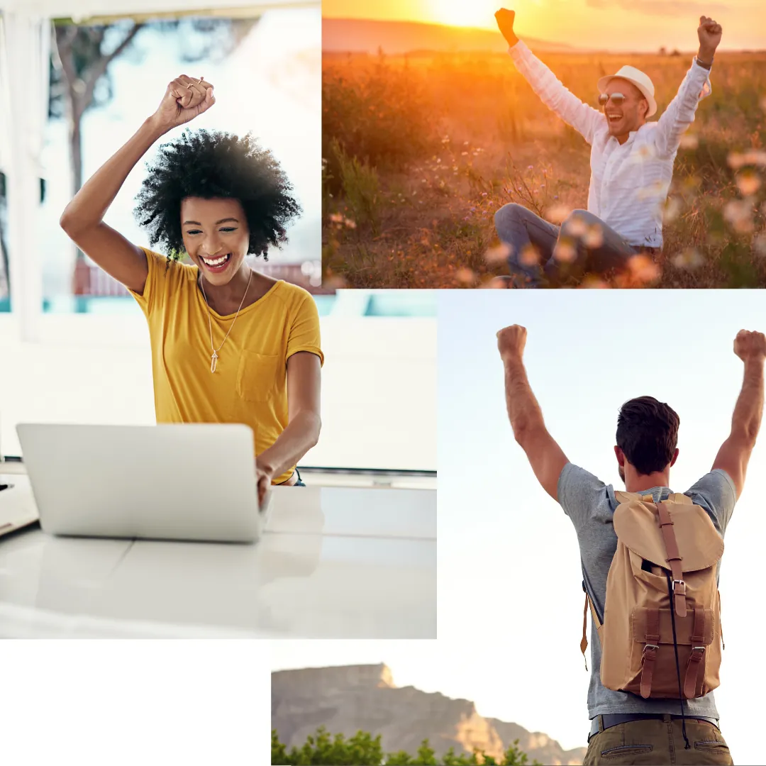 Collage of three people celebrating with their arms raised: a woman at a laptop, a man in a field at sunset and a hiker on a mountain