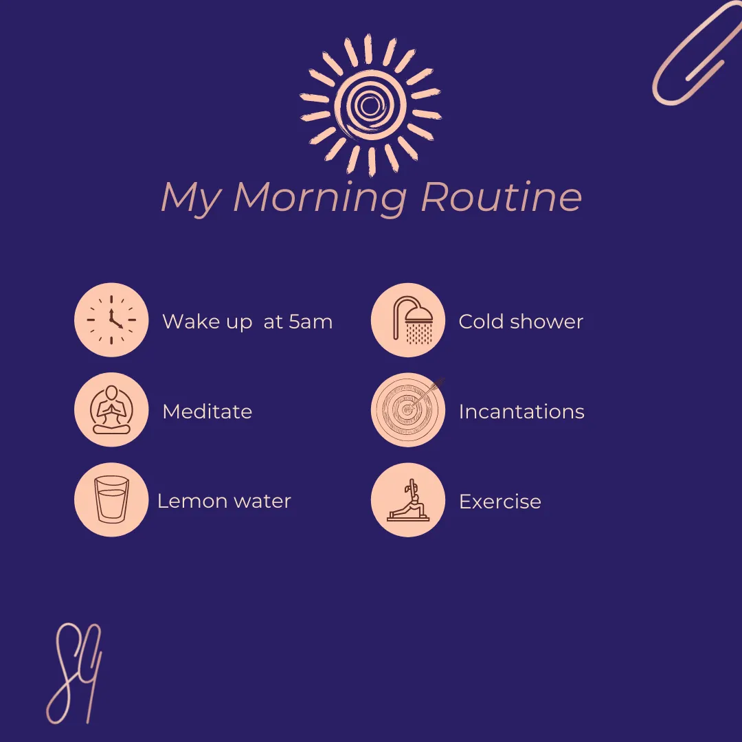 Graphic titled 'My Morning Routine': wake up at 5am, cold shower, meditate, incantations, lemon water, exercise