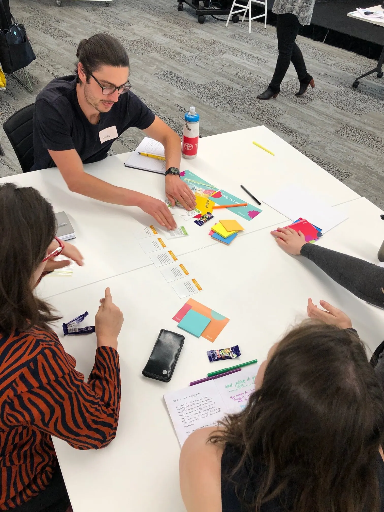 Workshop attendees sorting colourful sticky notes
